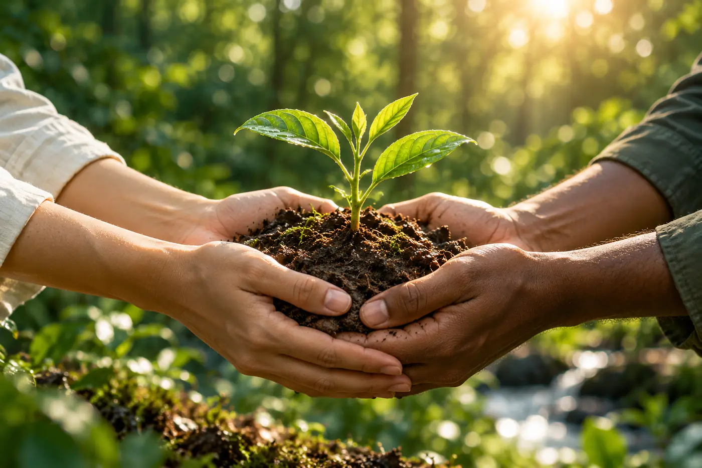 Hands holding soil and a seedling